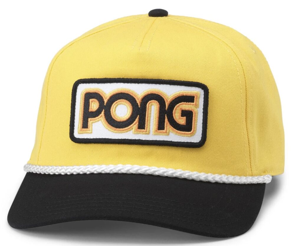 Yellow and black Atari Pong Washed Twill 5-panel cap with bold embroidered Pong logo patch and braided cord detail
